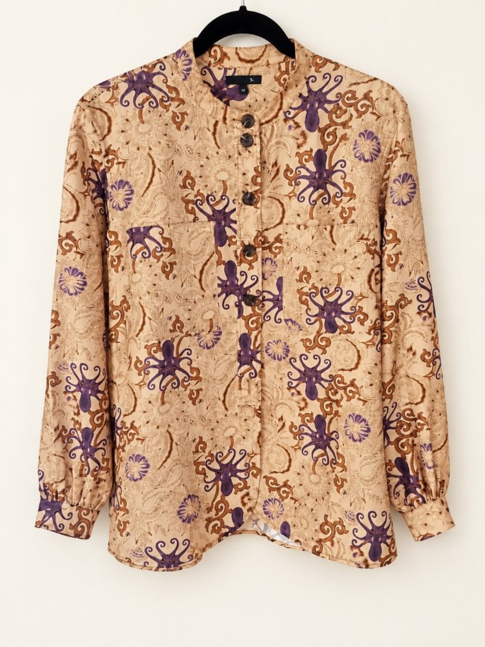 Soeur 100% Silk Button Blouse Band Collar Brown Purple Print EU 42 US 10 NWOT